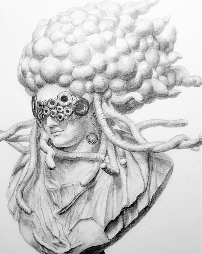 【覚醒のP】 W:750 H:1050 D:592mm Plaster statue (Pajant), stone clay, wire, plastic sheet, spray paint, resin, crystal stones September 2021 
Dessin
Rin Northwind