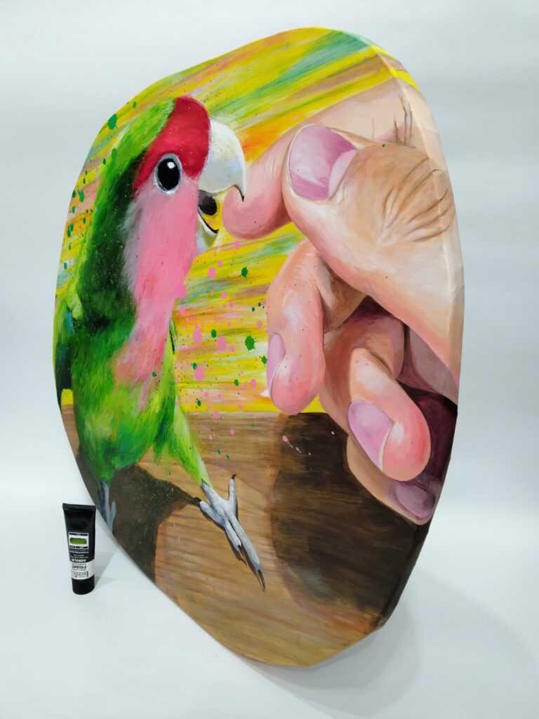 【 噛みなごちゃん 】 November 2021 Wood, drawing paper, acrylic paint 620 × 550mm Diagonal Rin Northwind