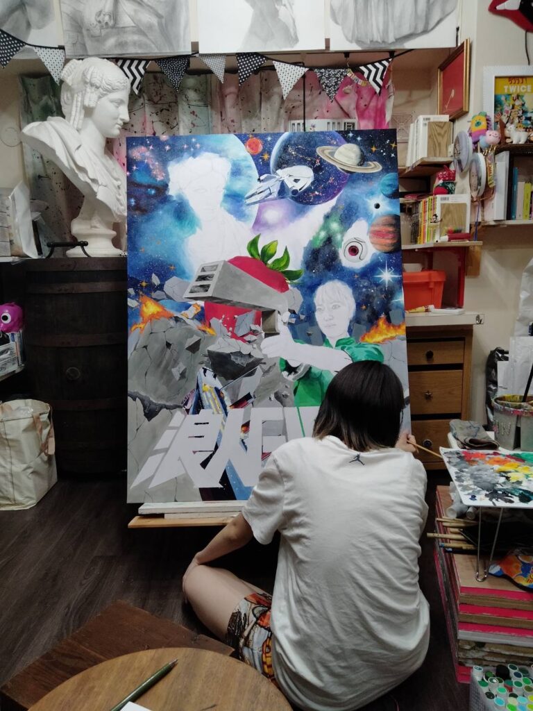 【浪人GIRL】 June 2021 Acrylic on paper mounted on wood panel 1160×870mm Work in progress Rin Northwind リン ノースウィンド