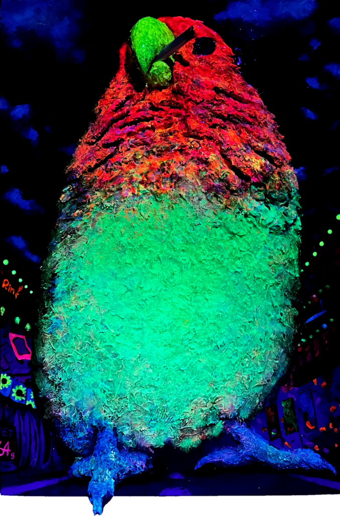 【 的屋のなごちゃん 】
(Nago-chan, the festival stall girl)
January 2023
Canvas, acrylic paint, phosphorescent paint, stone clay, aluminum foil, wire
P15 (652 × 500mm)
Lighting
Rin Northwind
リン ノースウィンド