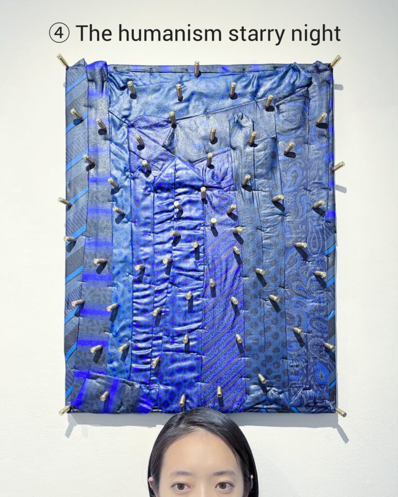 【The humanism starry night】
2023
Handmade necktie, canvas, live ammunition, acrylic paint, clear spray
With artist
Rin Northwind