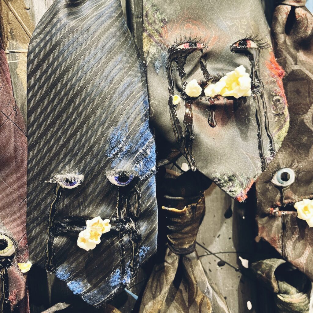 【The Weeping Ties】 2023 Vintage necktie, popcorn, resin, stone clay, acrylic paint, false eyelashes, wire, wooden board, spray, paint Detail6 Rin Northwind リン ノースウィンド