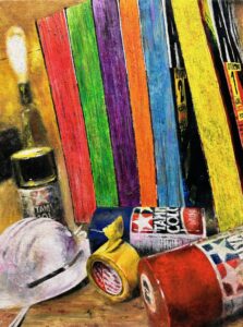 sprays, tape, mask, comics