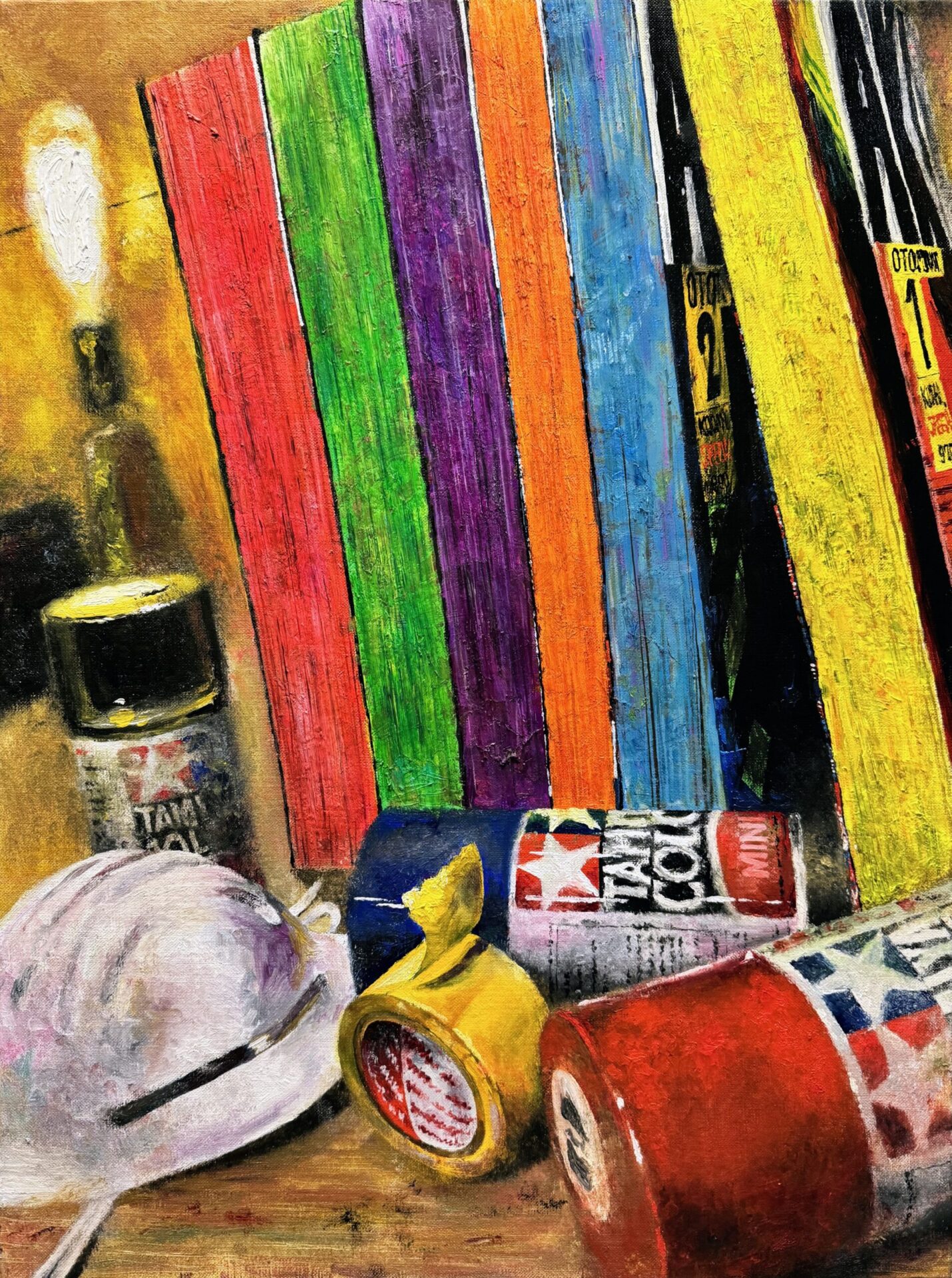 sprays, tape, mask, comics