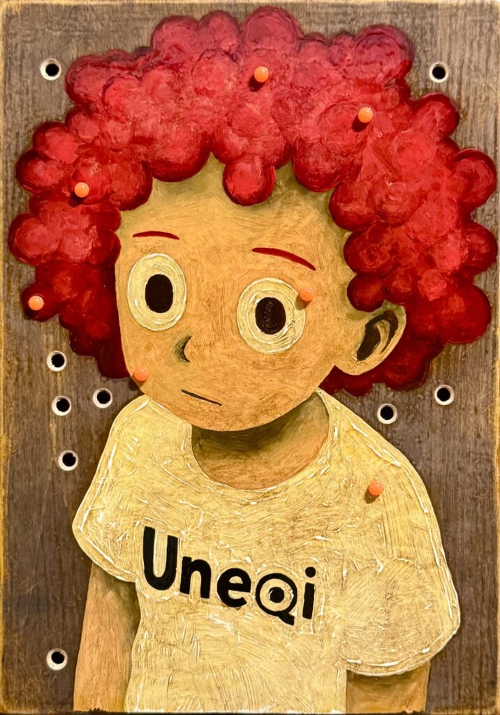 【1000 Uneqi by ChatGPT×RIN NORTHWIND】#001~#046/1000 2025 A4 oil-stained wooden panel, oil paint, urethane varnish, BB pellets, other materials H297mm W210mm D25mm Rin Northwind