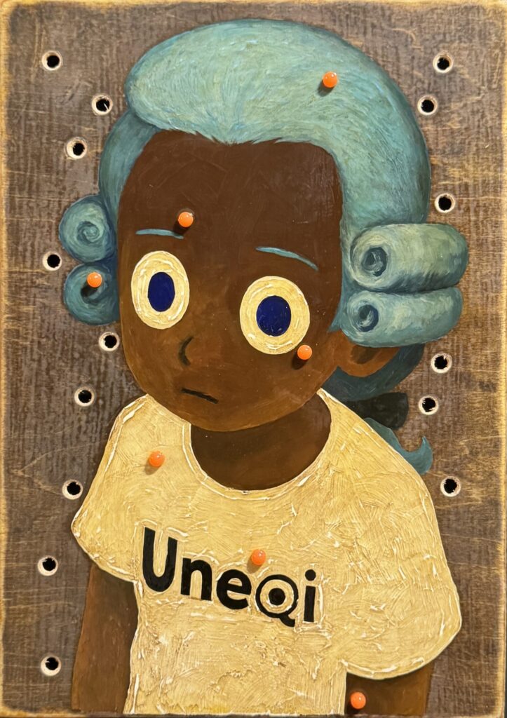 【1000 Uneqi by ChatGPT×RIN NORTHWIND】#001~#046/1000 2025 A4 oil-stained wooden panel, oil paint, urethane varnish, BB pellets, other materials H297mm W210mm D25mm Rin Northwind