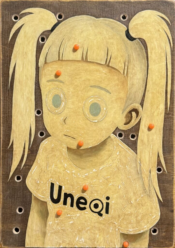 【1000 Uneqi by ChatGPT×RIN NORTHWIND】#001~#046/1000 2025 A4 oil-stained wooden panel, oil paint, urethane varnish, BB pellets, other materials H297mm W210mm D25mm Rin Northwind