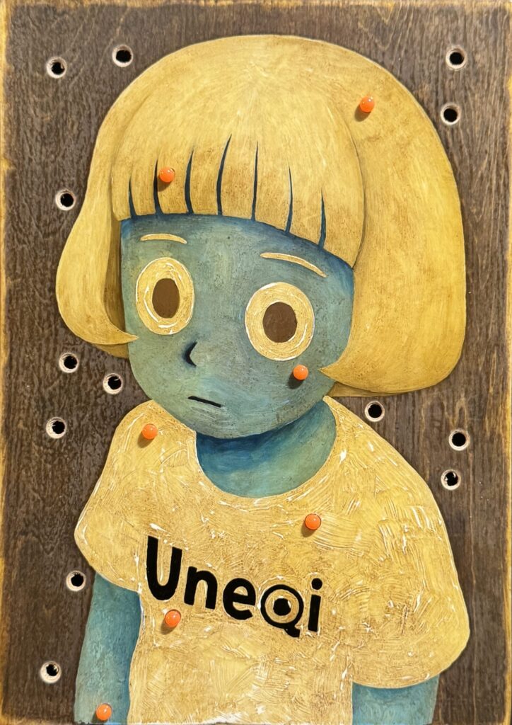 【1000 Uneqi by ChatGPT×RIN NORTHWIND】#001~#046/1000 2025 A4 oil-stained wooden panel, oil paint, urethane varnish, BB pellets, other materials H297mm W210mm D25mm Rin Northwind