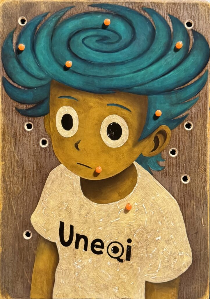 【1000 Uneqi by ChatGPT×RIN NORTHWIND】#001~#046/1000 2025 A4 oil-stained wooden panel, oil paint, urethane varnish, BB pellets, other materials H297mm W210mm D25mm Rin Northwind